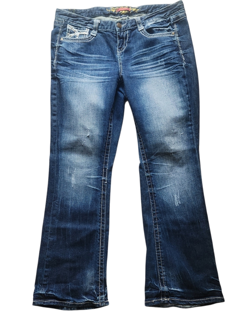 Maurices Womens  Flare Jeans in Dark Blue With Distressing Size 14 Short